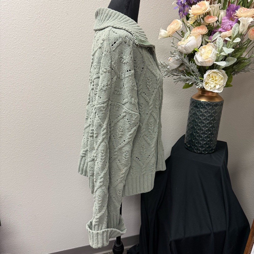 Pink Republic Sage Green Cable Knit Zip Sweater Jacket XL Cozy Fall Winter - Picture 5 of 9